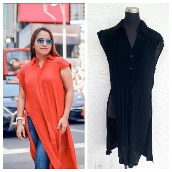 Wayf Tunic Top Small Womens Pleated Split Button Up Blouse Black - Picture 1 of 9